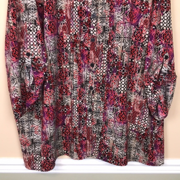 Catherines Women’s Boho Pattern Multi-Color Pleated Roll Sleeve Button-Up Blouse - Picture 4 of 10
